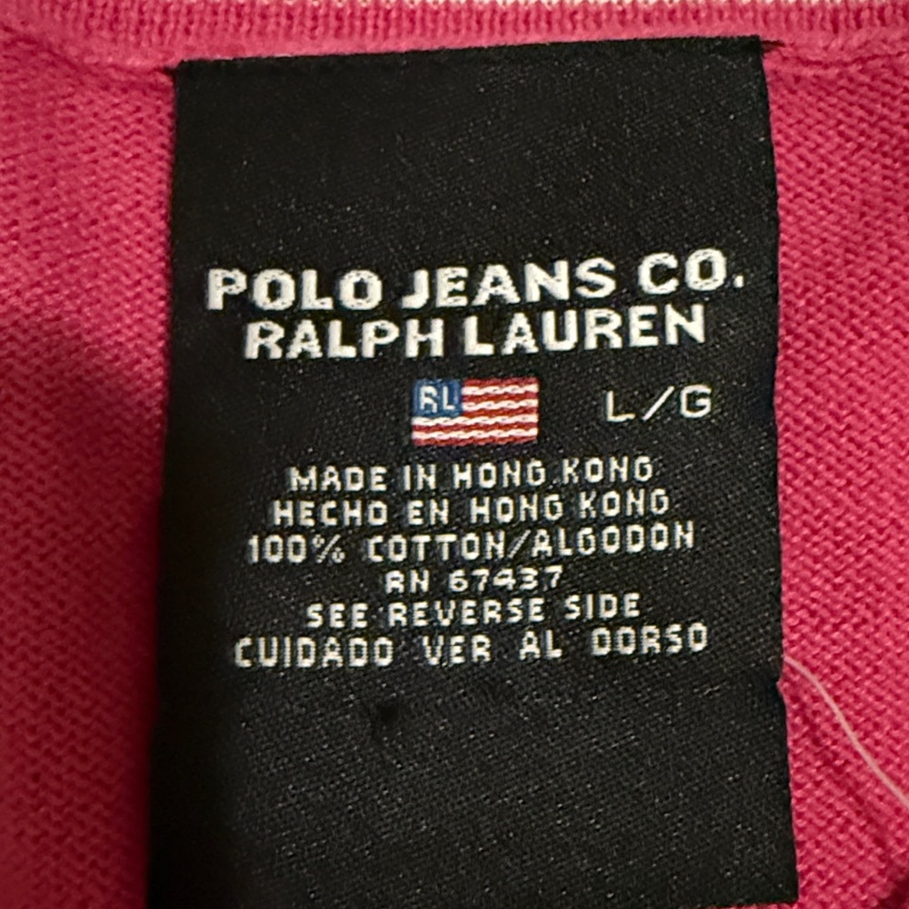 Polo by Ralph Lauren V-Neck Sweater Pink, White Stripes 100% Cotton Tenniscore - Picture 5 of 8